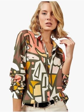 Abstract Geo-Print Button-Down Shirt in Olive, Pink & Mustard